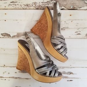 Steve Madden "Strapyy" Pewter Slingback Wedges